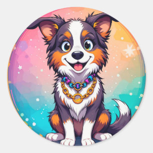 Adesivo Redondo Cachorro de Desenho Animado Adorável com Olhos Bri