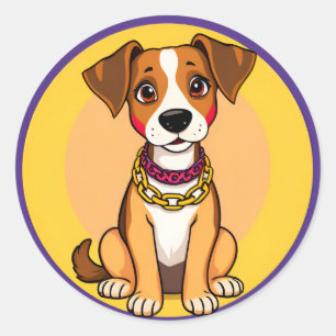 Adesivo Redondo Cachorro de Desenho Animado Adorável Usando uma Co