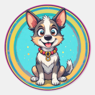 Adesivo Redondo Cachorro de Desenho Animado Alegre