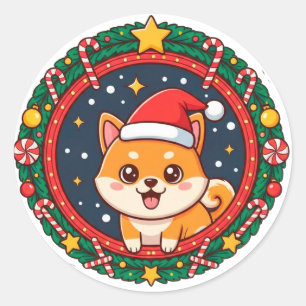 Adesivo Redondo Cachorro de desenho animado de Natal festivo