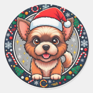 Adesivo Redondo Cachorro de desenho animado de Natal festivo