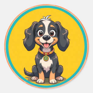 Adesivo Redondo Cachorro de Desenho Animado Feliz em uma Moldura C