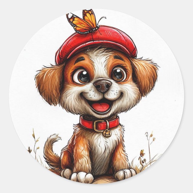 Adesivo Redondo Cachorro de desenho fofo (Frente)