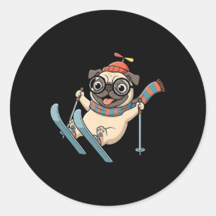 Adesivo Redondo Cachorro de Esqui Pug de Inverno Nas Encostas Aven