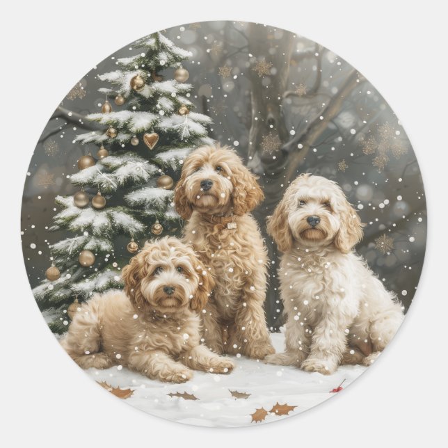 Adesivo Redondo Cachorro de Goldendoodle de Natal (Frente)