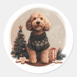 Adesivo Redondo Cachorro de Goldendoodle de Natal