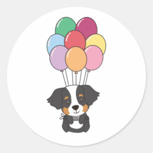 Adesivo Redondo Cachorro de Montanha Bernês Voa Com Balões Colorid