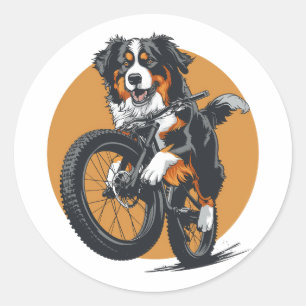 Adesivo Redondo Cachorro De Montanha Bernese Andando De Bicicleta