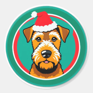Adesivo Redondo Cachorro de Natal Adorável Com Chapéu de Papai Noe