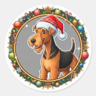 Adesivo Redondo Cachorro de Natal Adorável Com Chapéu de Papai Noe