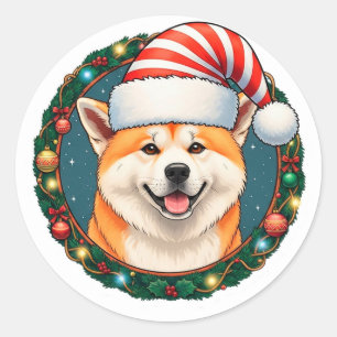 Adesivo Redondo Cachorro de Natal Adorável Com Chapéu de Papai Noe