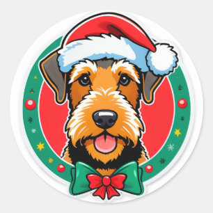Adesivo Redondo Cachorro de Natal Adorável Com Chapéu de Papai Noe