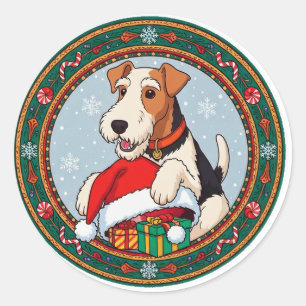Adesivo Redondo Cachorro de Natal Adorável Com Chapéu de Papai Noe