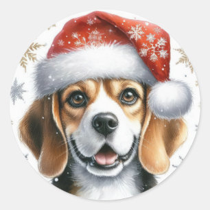 Adesivo Redondo Cachorro de Natal Bonito Beagle Chapéu do Papai No