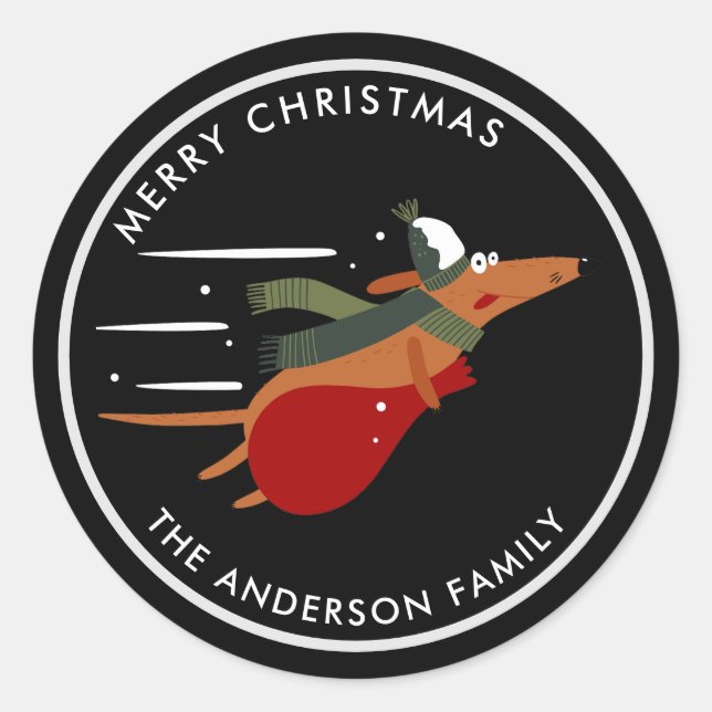 Adesivo Redondo Cachorro de Natal Cachorro Personalizável Preto (Frente)