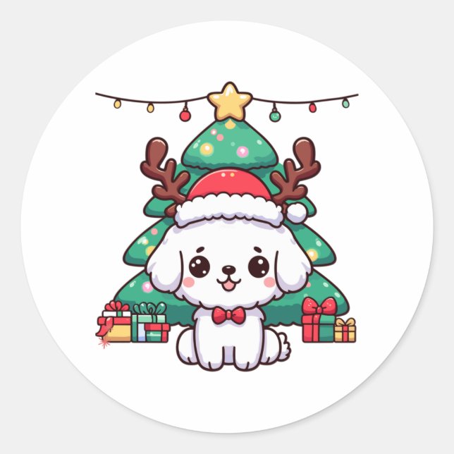 Adesivo Redondo Cachorro de Natal - Cãozinho de Natal (Frente)