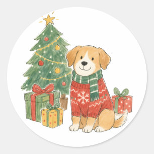 Adesivo Redondo Cachorro de Natal em Suéter com Árvore de Natal