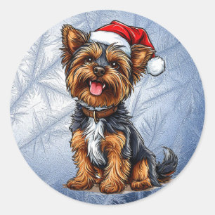 Adesivo Redondo Cachorro de Natal Fofo Usando um Chapéu de Papai N