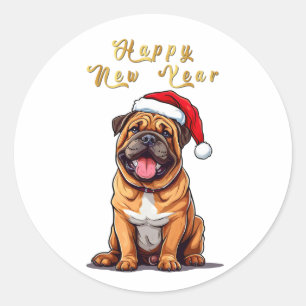 Adesivo Redondo Cachorro de Natal Fofo Usando um Chapéu de Papai N