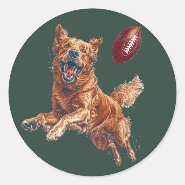 Adesivo Redondo Cachorro de Ouro Bonito Jogando Futebol (Frente)