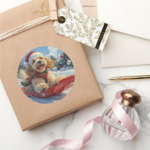 Adesivo Redondo Cachorro de Panela com Sledge Deixe-o nevar no Nat