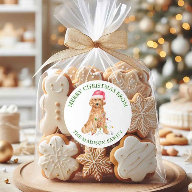 Adesivo Redondo Cachorro de Papais noeis de Natal com Aquarela (Criador carregado)