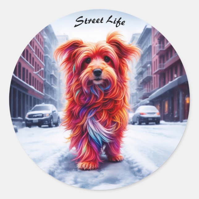 Adesivo Redondo Cachorro de rua adorável em uma paisagem gelada na (Frente)