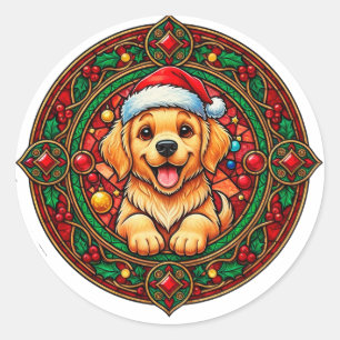 Adesivo Redondo Cachorro Desenho Animado com Chapéu de Papai Noel 