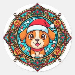 Adesivo Redondo Cachorro Desenho Animado com Chapéu de Papai Noel 