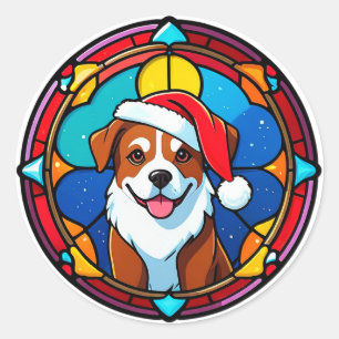 Adesivo Redondo Cachorro Desenho Animado com Chapéu de Papai Noel 