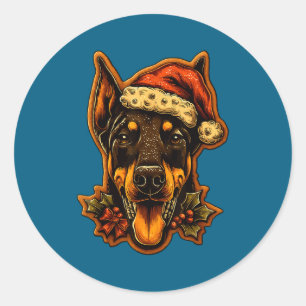 Adesivo Redondo Cachorro Doberman De Natal Com Chapéu De Papai Noe