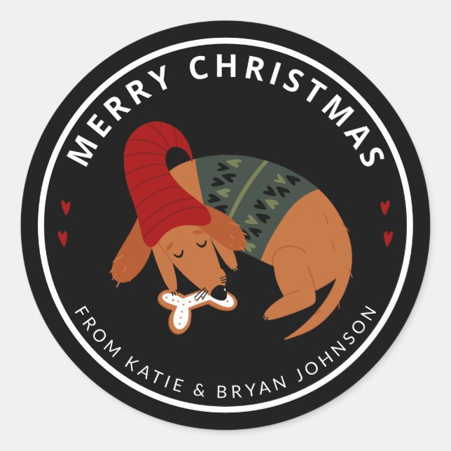 Adesivo Redondo Cachorro Dormindo Bonito de Natal Personalizável (Frente)