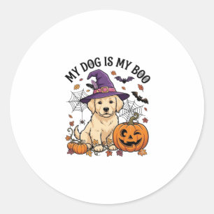 Adesivo Redondo Cachorro É Boo Halloween Bruxa Filhote Abóbora_1
