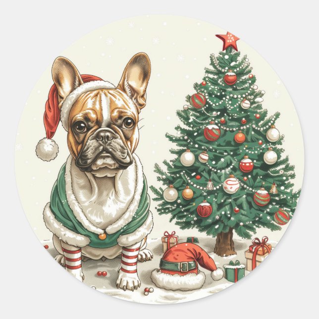 Adesivo Redondo Cachorro Elf do Buldogue Francês de Natal (Frente)