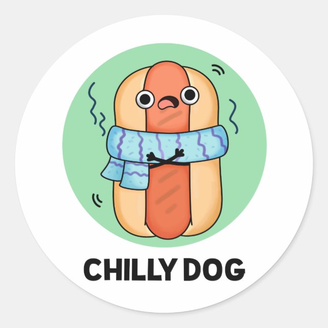 Adesivo Redondo Cachorro Engraçado Chili Hot Dog Pun (Frente)