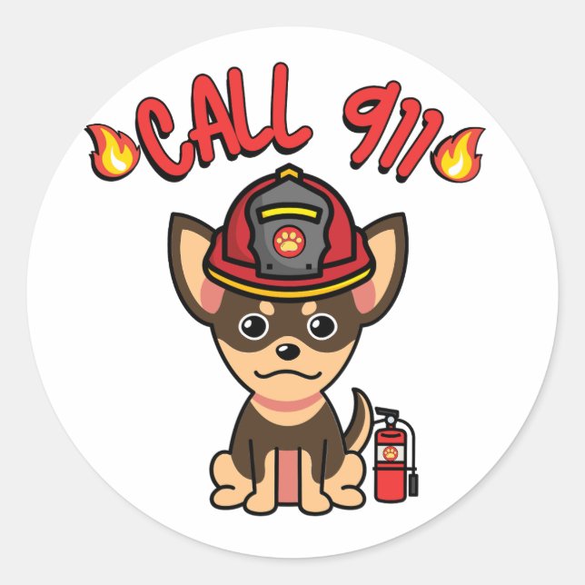 Adesivo Redondo Cachorro engraçado é bombeiro (Frente)