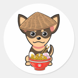 Adesivo Redondo Cachorro engraçado está comendo macarrão