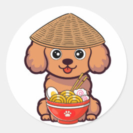 Adesivo Redondo Cachorro engraçado está comendo macarrão