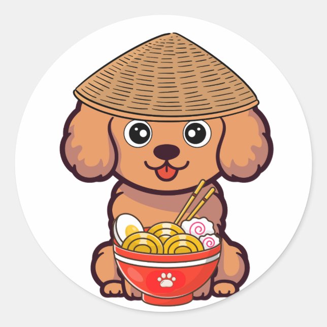 Adesivo Redondo Cachorro engraçado está comendo macarrão (Frente)