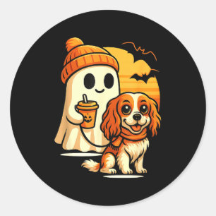 Adesivo Redondo Cachorro engraçado fantasma andando cavalier king