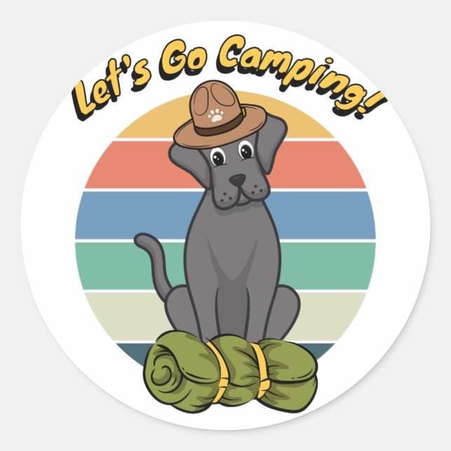 Adesivo Redondo Cachorro engraçado quer ir acampar (Frente)