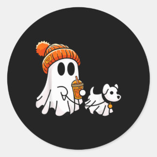 Adesivo Redondo Cachorro Fantasma Andando Roupa de Halloween Engra