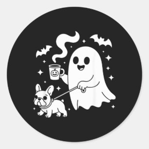 Adesivo Redondo Cachorro Fantasma Bulldogue Francês Café Halloween