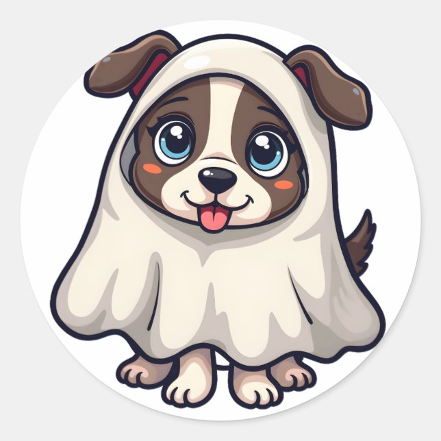 Adesivo Redondo Cachorro Fantasma do Halloween de Kawaii (Frente)