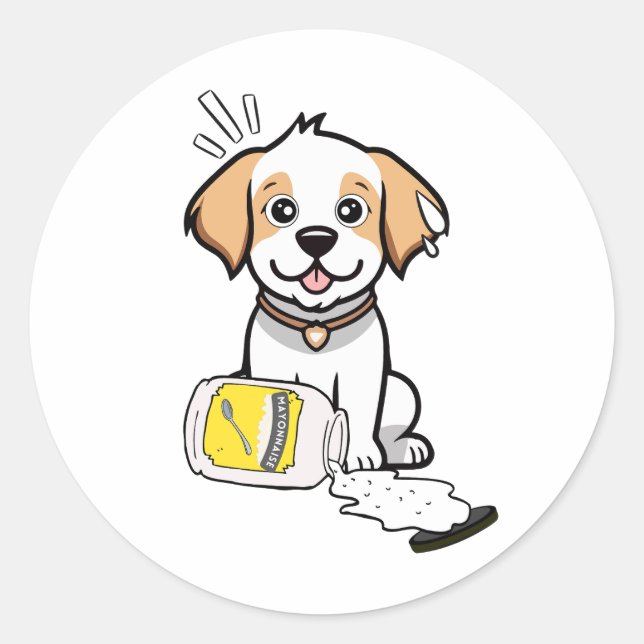 Adesivo Redondo Cachorro Feliz Engraçado derramou maionese (Frente)