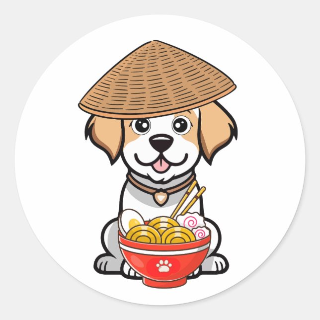 Adesivo Redondo Cachorro feliz engraçado está comendo macarrão (Frente)