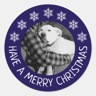 Adesivo Redondo Cachorro Fofo com Foto do Papai Natal Azul