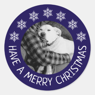 Adesivo Redondo Cachorro Fofo com Foto do Papai Natal Azul