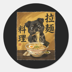 Adesivo Redondo Cachorro Fofo Comendo Macarrão Ramen Engraçado Jap