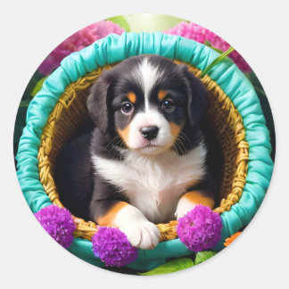 Adesivo Redondo Cachorro Fofo em Cesta de Flores